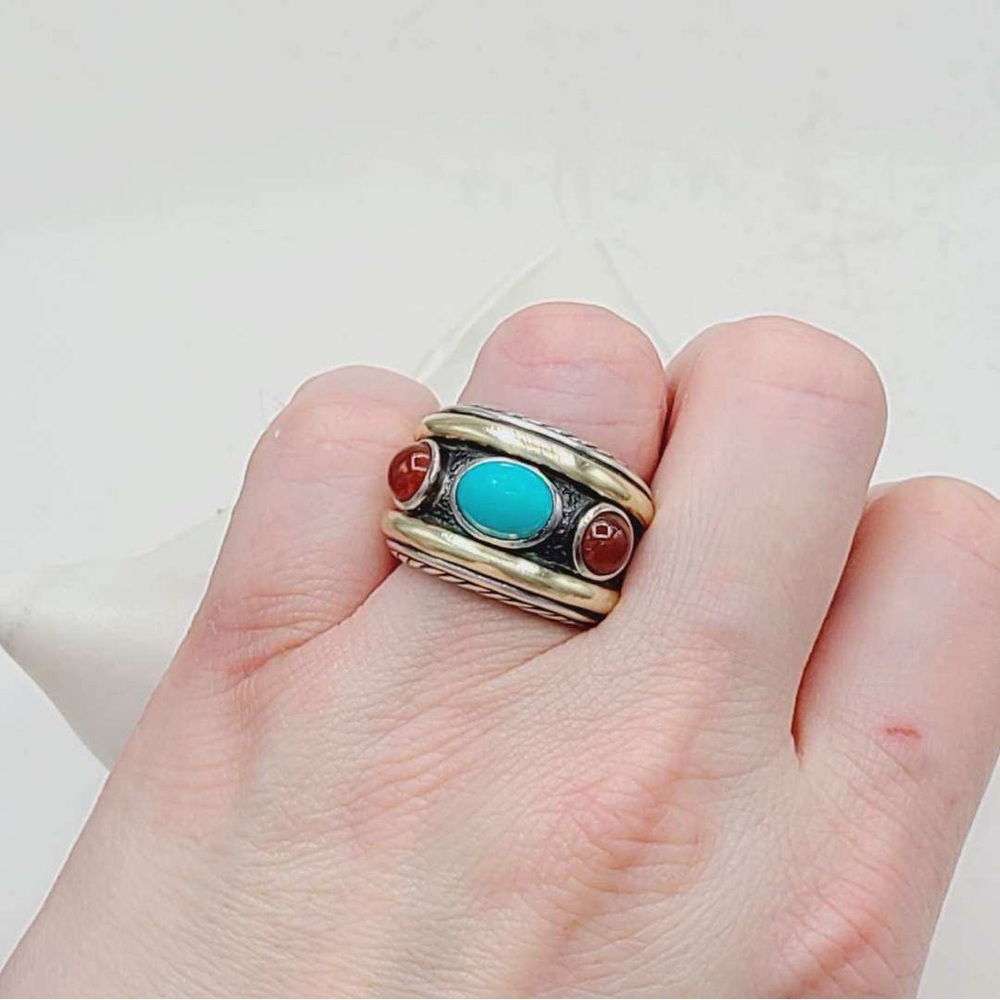 David Yurman Renaissance Ring With Turquoise Carnelian And Gold - Picture 12 of 12